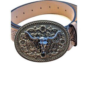 Western Buckle Belt Longhorn Bull Head Buckle Western Cowboy Style Unisex Brown